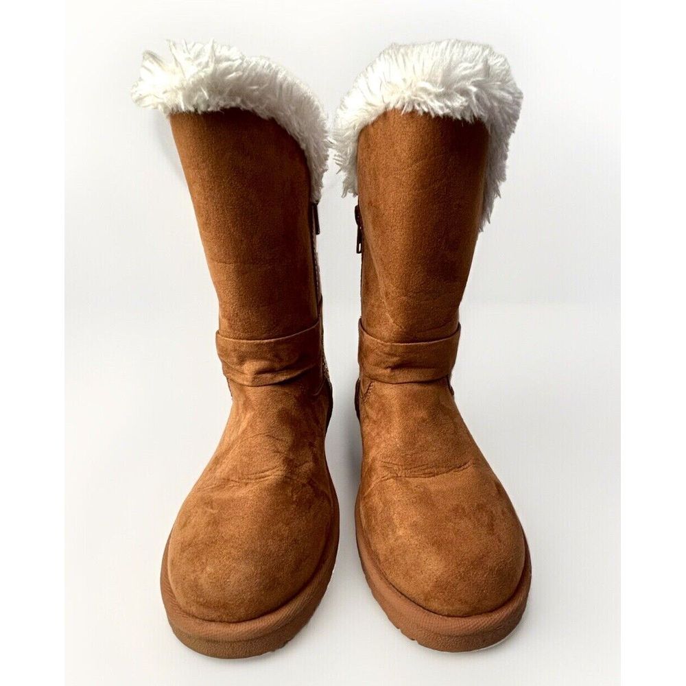 Girls Magellan Brown Faux Suede Fur Sherpa‎ Boots Sparkle Youth 2 Bow Binge EUC - Picture 6 of 7